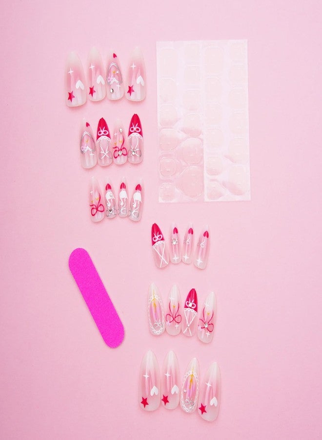 KKUUOO 24Pcs Pink Press on Nails, Almond Fake Nails with Love Bow Designs, Glossy False Nail, Full Cover Acrylic Stick on Nail for Women Nails Manicure Decoration - Image 3